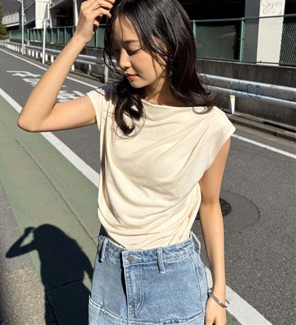 RANAN（ラナン）の「【ひんやり・ＵＶ】タックドレープフレンチスリーブカットソー（Tシャツ）」｜詳細画像