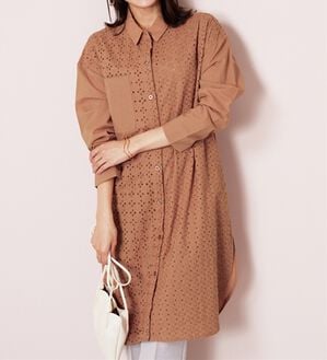 BELLUNA（ベルーナ）の「【Ｌａｇｒｉｌｕａ】ヴィンテージレース切替シアーロングシャツ（シャツワンピース）」｜ライトブラウン