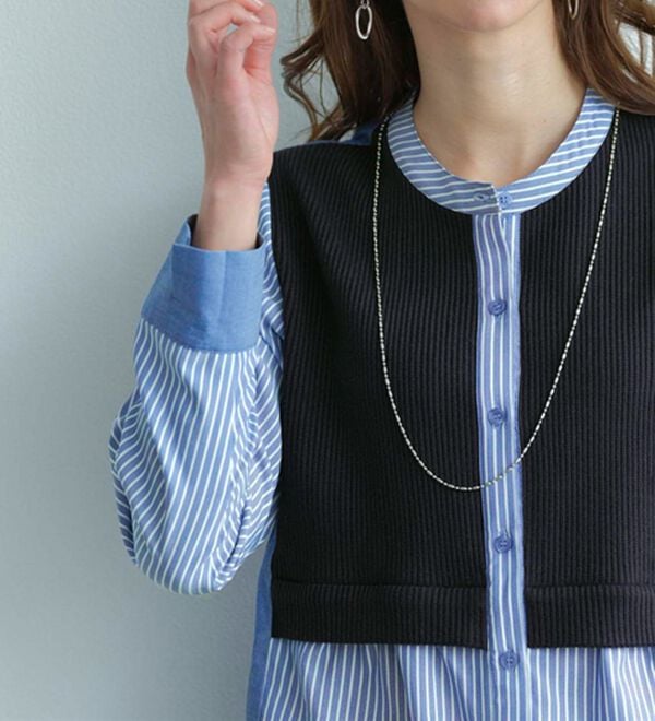 BELLUNA（ベルーナ）の「ストライプ&times;異素材切替シャツチュニック（チュニック）」｜詳細画像