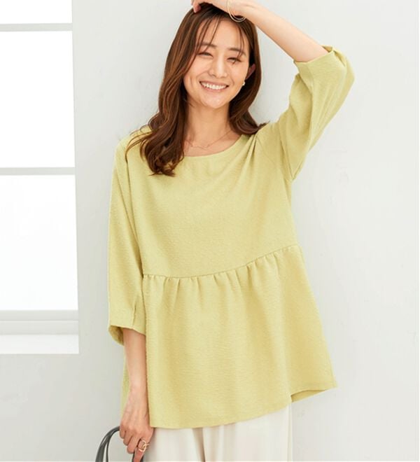 BELLUNA（ベルーナ）の「ジャカード素材ペプラムチュニック（チュニック）」｜ライムグリーン