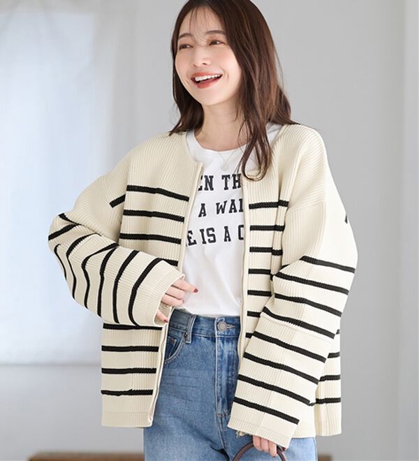 Viola e Viola（ヴィオラ エ ヴィオラ）の「ランタンスリーブジップニットコーディガン（ニットカーディガン）」｜ボーダー