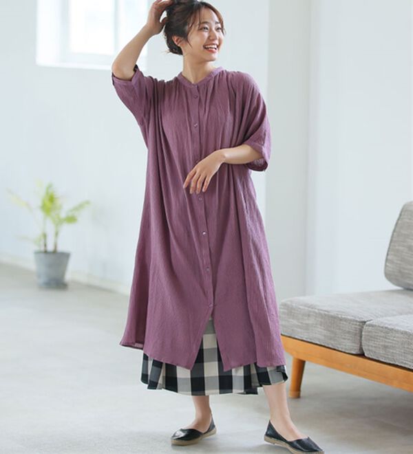 A HAPPY MARILYN（アハッピーマリリン）の「【Ｌ～６Ｌ】【風通るプレミアム】綿１００％ 楊柳 五分袖 ギャザーたっぷりワンピース（カットソーワンピース）」｜詳細画像