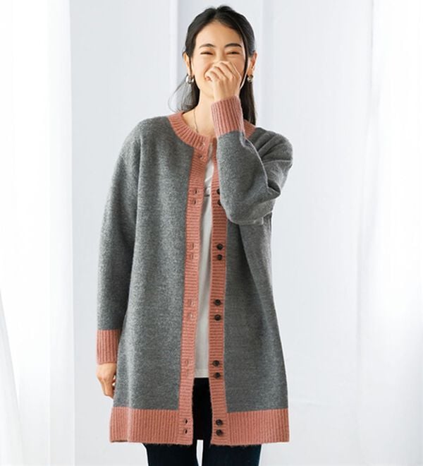 BELLUNA（ベルーナ）の「コートいらず！配色使いロングカーディガン（ニットカーディガン）」｜グレー系