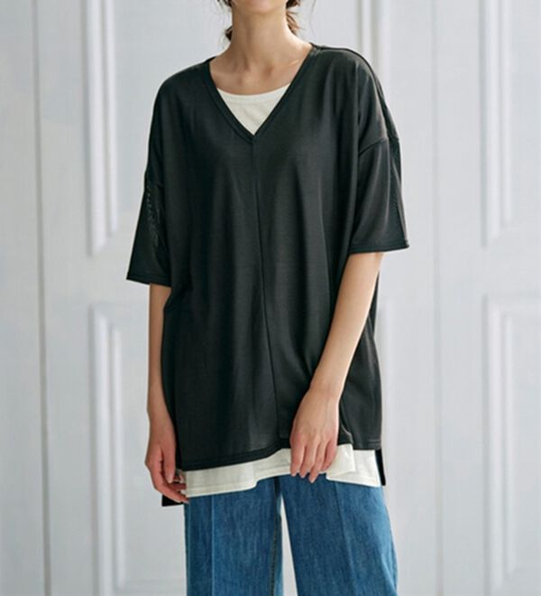 RANAN（ラナン）の「レイヤード風ニットソー半袖チュニック（チュニック）」｜詳細画像