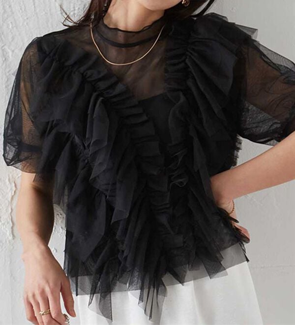 ameri vintage チュールブラウス♡ Ameri VINTAGE ネットチュールブラウス付きブラックパンツドレス (M