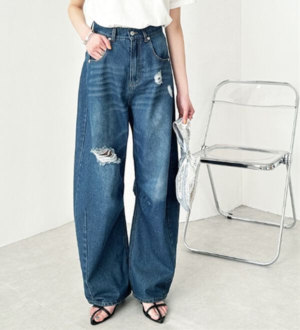 GeeRA（ジーラ）の「ダメージカーブデニムパンツ（フルレングスパンツ）」｜詳細画像