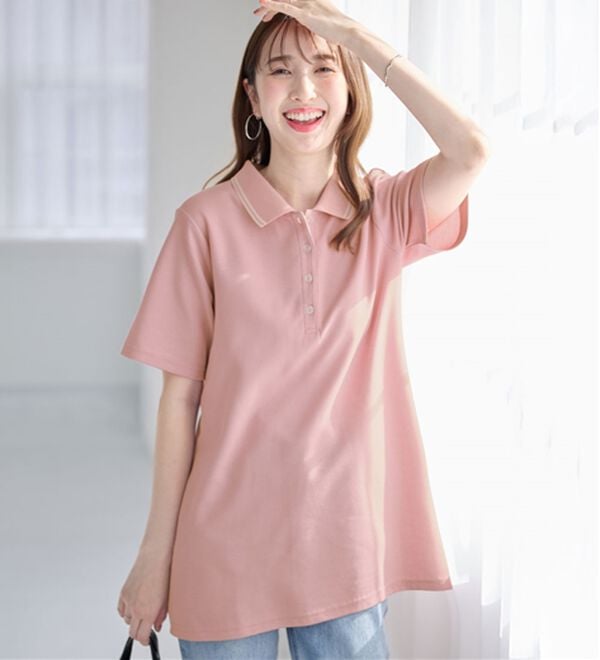 alotta（アロッタ）の「衿配色Ａライン鹿の子ポロチュニック（チュニック）」｜ピンク