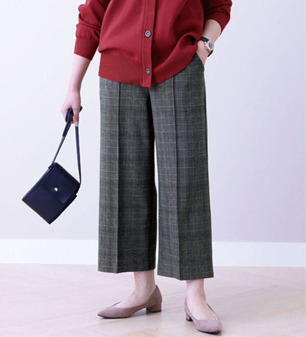 BELLUNA（ベルーナ）の「ストレッチ素材ワイドパンツ（ワイドパンツ・ガウチョ）」｜チャコール系チェック