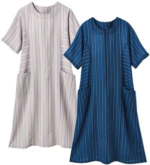 「【２色組】しじら織調前ファスナーワンピ（パジャマ・ルームウェア）」｜2色組