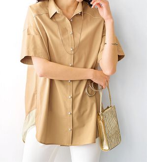 BELLUNA（ベルーナ）の「裾チュール切替パール釦シャツチュニック（チュニック）」｜詳細画像