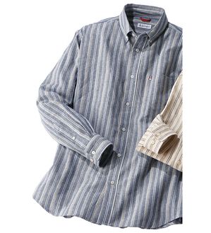 「＜ハッシュパピー＞しっとり柔らか綿１００％ネルシャツ（メンズシャツ）」｜ネイビーストライプ