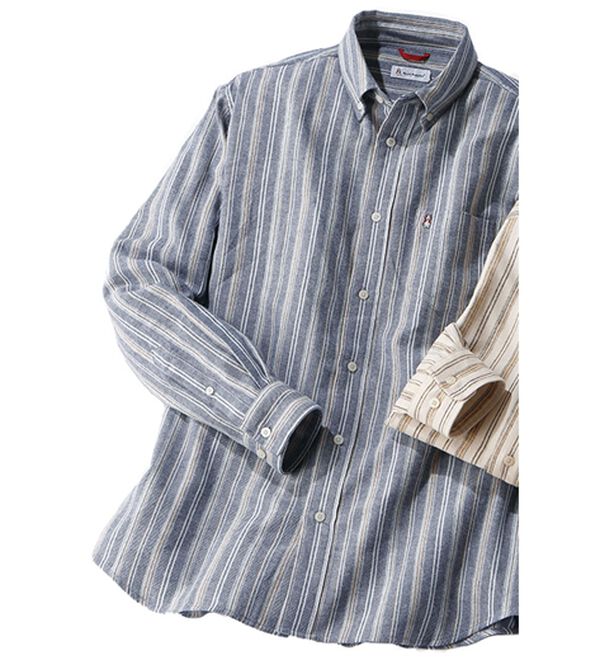 「＜ハッシュパピー＞しっとり柔らか綿１００％ネルシャツ（メンズシャツ）」｜ネイビーストライプ