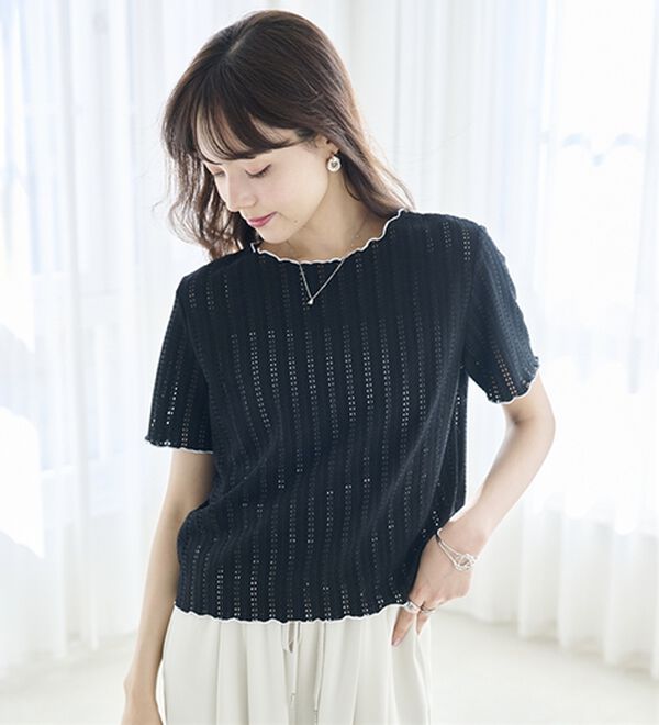 RANAN（ラナン）の「透かし柄メロー配色Ｔシャツ（カットソー）」｜詳細画像