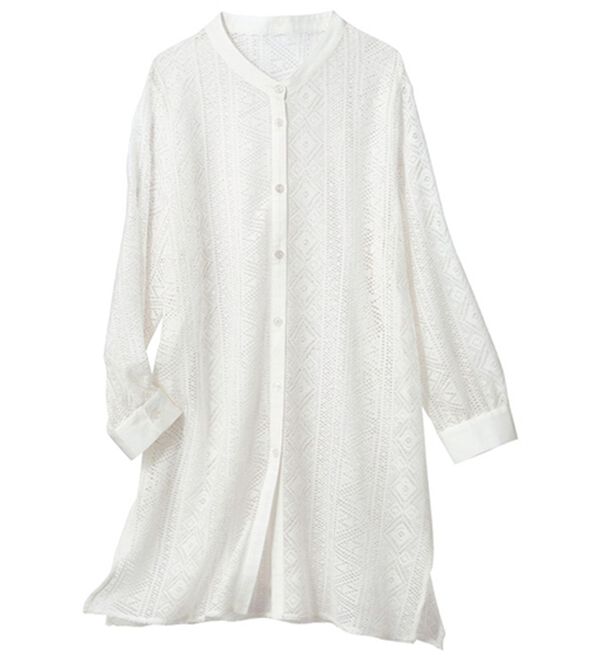 VINNO（ヴィノ）の「スタンド衿パネルレースチュニックシャツ（ブラウス）」｜オフホワイト