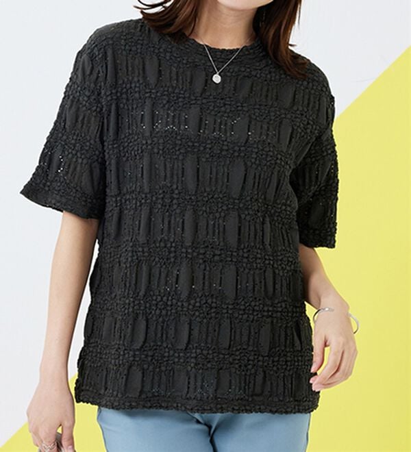 BELLUNA（ベルーナ）の「ぽこぽこ♪ストレッチレース調ハイネックプルオーバー（カットソー）」｜詳細画像