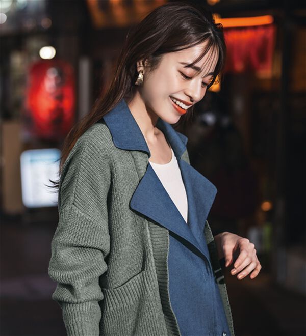 自由区ダウンベストリバーシブルL ニット切替ドッキングネイビー