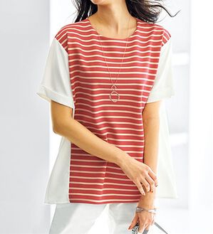 BELLUNA（ベルーナ）の「リップルボーダー細見え切替プルオーバー（カットソー）」｜ピンク系