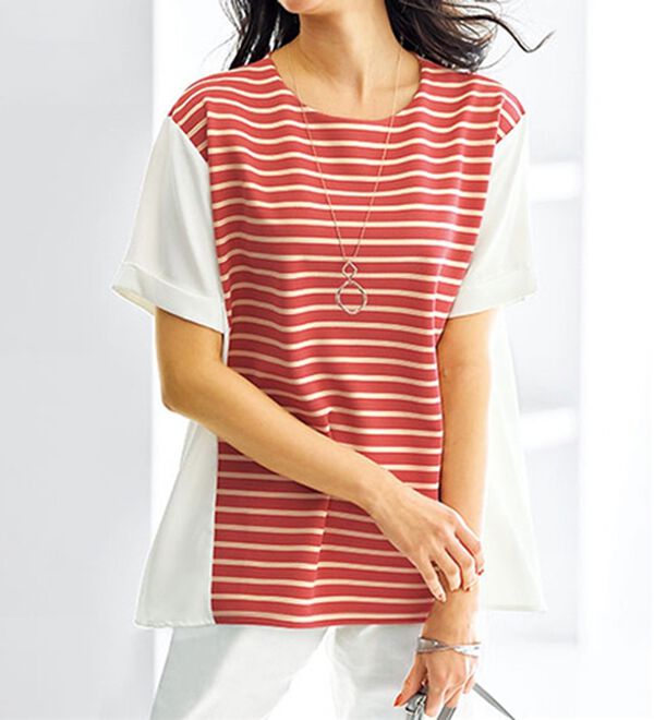 BELLUNA（ベルーナ）の「リップルボーダー細見え切替プルオーバー（カットソー）」｜ピンク系