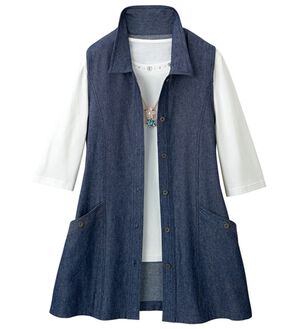 「すっきり見えるデニムロングベスト（ベスト）」｜ネイビー