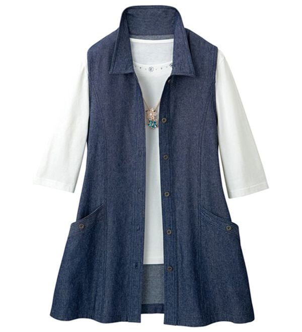 「すっきり見えるデニムロングベスト（ベスト）」｜ネイビー