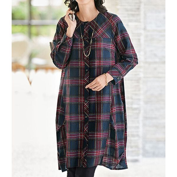 BELLUNA（ベルーナ）の「チェック柄ゆったりシャツチュニック（チュニック）」｜レッド系