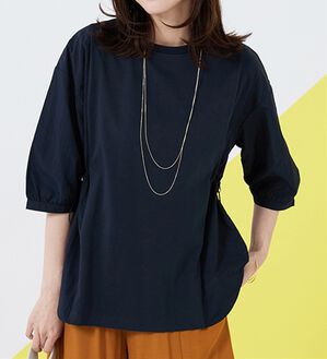 BELLUNA（ベルーナ）の「高見え！異素材切替ドロスト使いプルオーバー（カットソー）」｜ネイビー