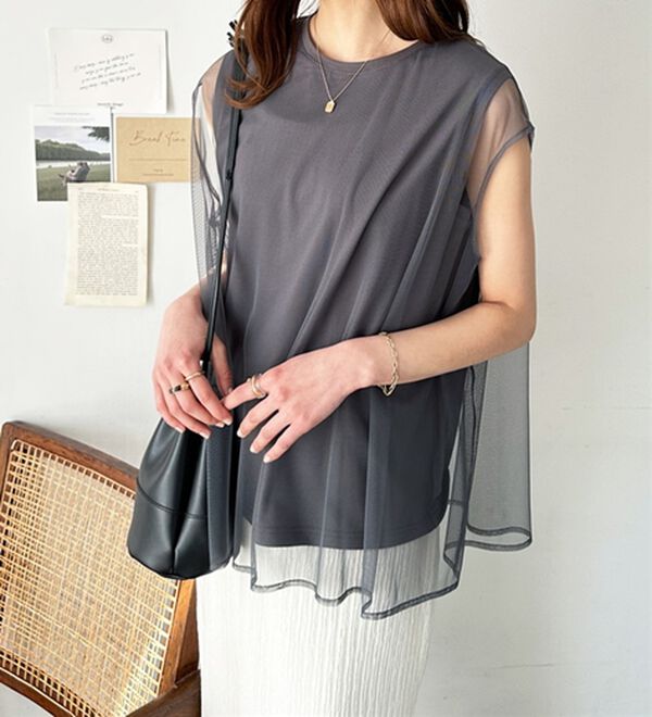 GeeRA（ジーラ）の「チュールカバーフレンチスリーブカットソー（カットソー）」｜詳細画像