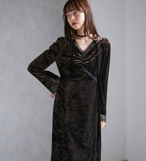 RANAN（ラナン）の「レーストリムベロアドレス（その他ワンピース）」｜ブラウン