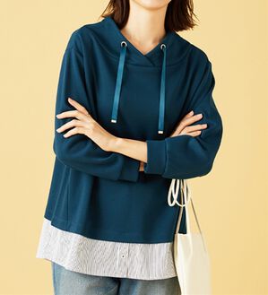 BELLUNA（ベルーナ）の「ワイドネックデザインシャツ切替チュニック（チュニック）」｜ターコイズ／ストライプ