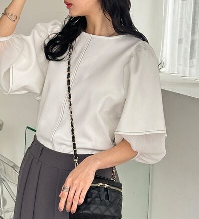 GeeRA（ジーラ）の「袖シアー切替ランタンスリーブトップス（カットソー）」