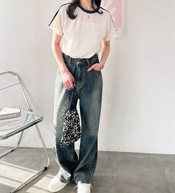 GeeRA（ジーラ）の「ふくれジャガード袖ラインＴシャツ（カットソー）」｜詳細画像