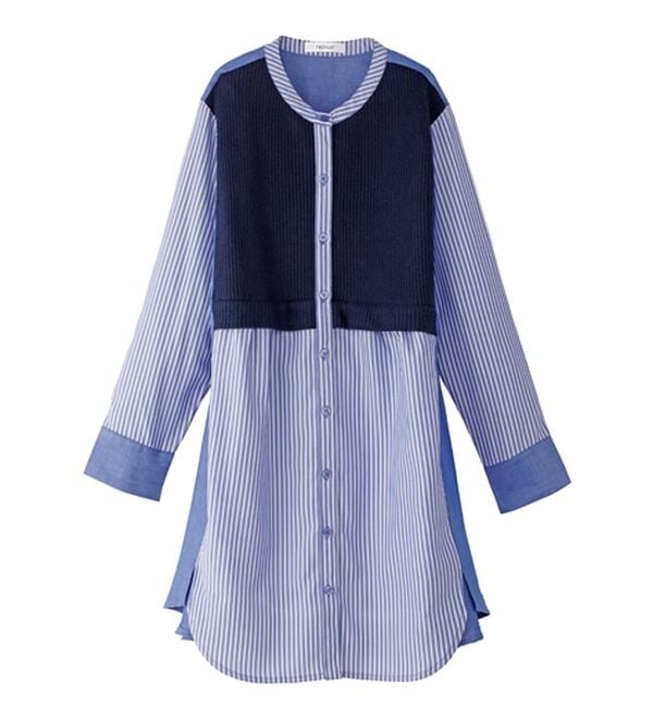 BELLUNA（ベルーナ）の「ストライプ&times;異素材切替シャツチュニック（チュニック）」｜ネイビー系