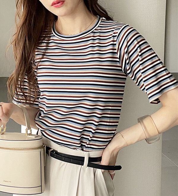 GeeRA（ジーラ）の「マルチボーダー５分袖リブカットソー（カットソー）」｜詳細画像