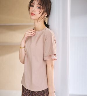 alotta（アロッタ）の「【接触冷感】＜丈が選べる＞袖口シフォンＴシャツ／チュニック（カットソー）」｜ピンク／レギュラー丈