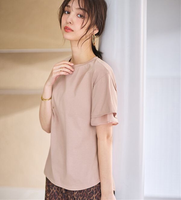 alotta（アロッタ）の「【接触冷感】＜丈が選べる＞袖口シフォンＴシャツ／チュニック（カットソー）」｜ピンク／レギュラー丈