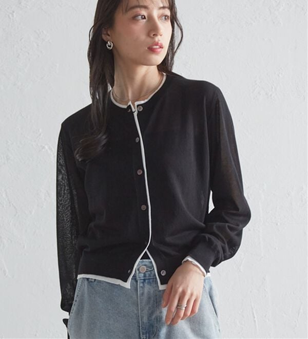 RANAN（ラナン）の「レイヤード風バイカラーシアーカーデ（ニットカーディガン）」｜詳細画像