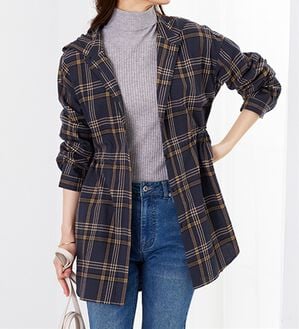 BELLUNA（ベルーナ）の「フード付チェック柄チュニックパーカー（パーカー）」｜ネイビー系