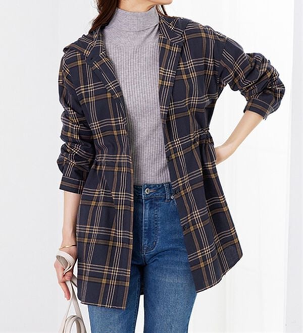 BELLUNA（ベルーナ）の「フード付チェック柄チュニックパーカー（パーカー）」｜ネイビー系