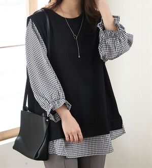 A HAPPY MARILYN（アハッピーマリリン）の「【Ｌ～６Ｌ】華奢魅せ&times;お洒落さっと着てパッと可愛い１枚で完成ドッキングトップス（カットソー）」｜ブラック&times;ギンガム