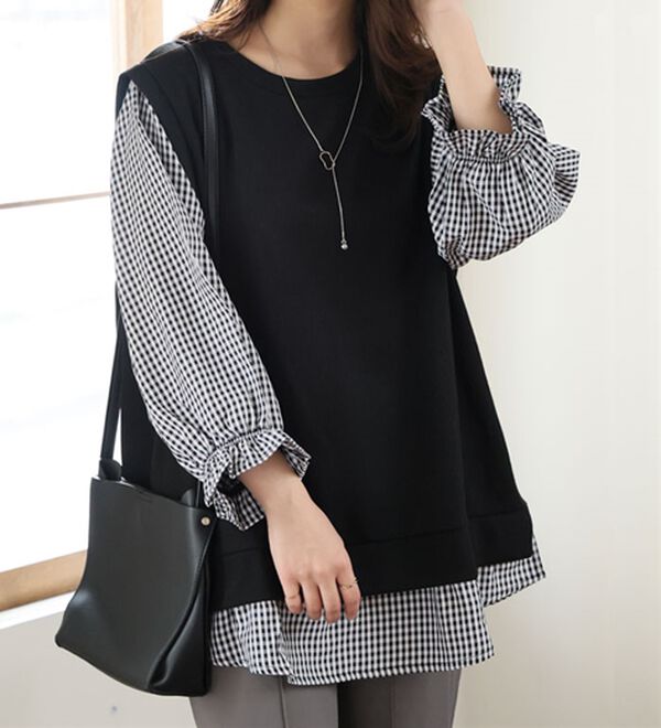 A HAPPY MARILYN（アハッピーマリリン）の「【Ｌ～６Ｌ】華奢魅せ&times;お洒落さっと着てパッと可愛い１枚で完成ドッキングトップス（カットソー）」｜ブラック&times;ギンガム