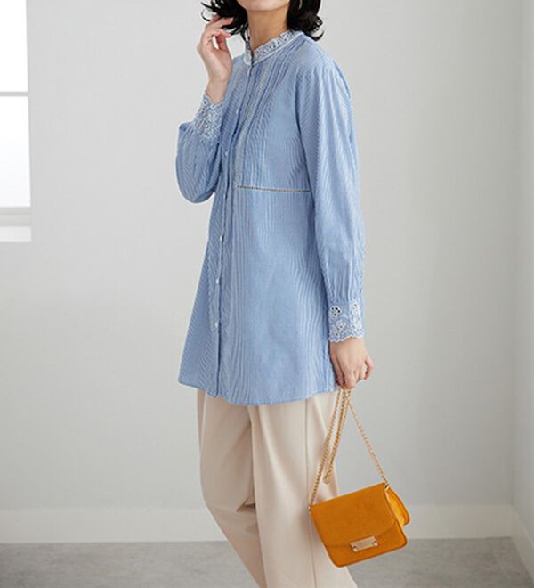 BELLUNA（ベルーナ）の「上品に着映える！衿＆袖レース切替シャツチュニック（チュニック）」｜詳細画像