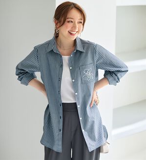 BELLUNA（ベルーナ）の「端境期にこれ一枚！万能シャツジャケット（シャツ）」｜ネイビーストライプ
