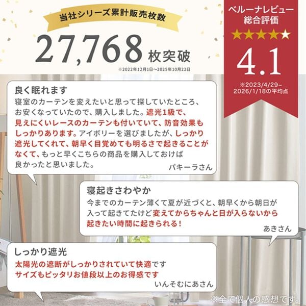 iellio（イエリオ）の「１００％遮光＆防音＆断熱保温ＵＶ見えにくいレース付カーテンセット＜４枚組・遮光１級・無地・洗える・形状記憶＞（ドレープカーテン）」｜詳細画像