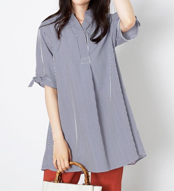 BELLUNA（ベルーナ）の「【接触冷感】麻調素材袖リボン使いシャツチュニック（チュニック）」｜詳細画像