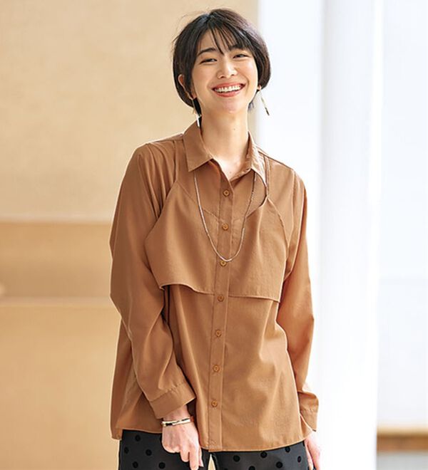 BELLUNA（ベルーナ）の「ビンテージ調素材レイヤード風チュニック（シャツ）」｜キャメル