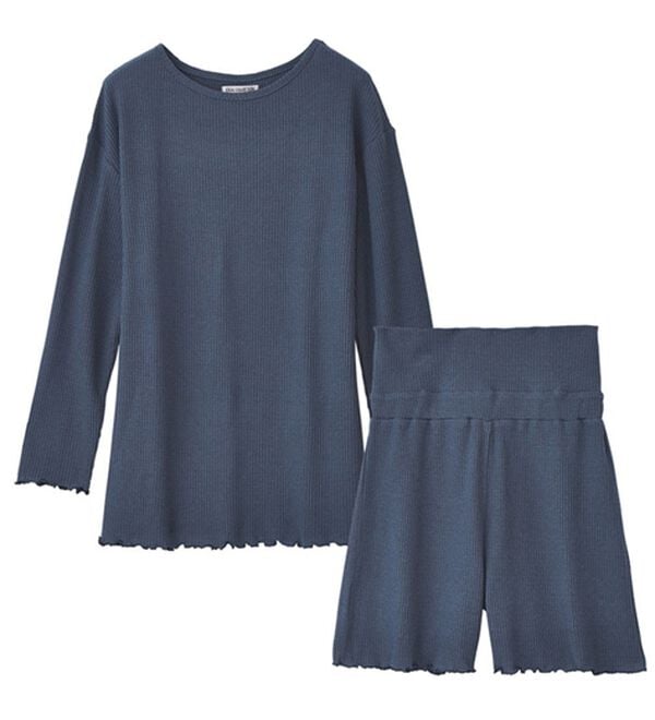 YU'NOW（ユナウ）の「【上下２点セット】コットンブレンド　ワッフルプルオーバー＆ハラマキ付ショートパンツセット（パジャマ・ルームウェア）」｜詳細画像