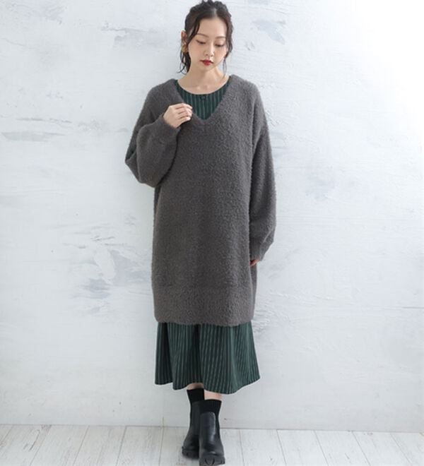 A HAPPY MARILYN（アハッピーマリリン）の「【ＬＬ～６Ｌ】「ゆとりＭＡＲＩＬＹＮ」ストライプ前開きシャツワンピース（シャツワンピース）」｜詳細画像