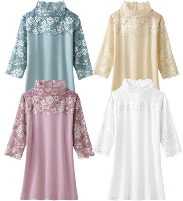 「【４色組】上品レースの汗取り付ハイネックインナー（肌着・インナーウェア）」｜4色組