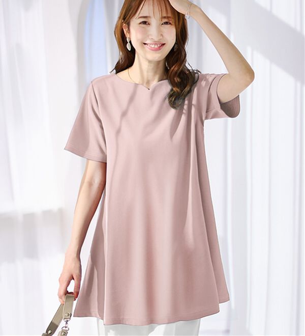 alotta（アロッタ）の「【接触冷感】さらっと快適！高見えフレアーロングチュニックＴシャツ（チュニック）」｜ピンク