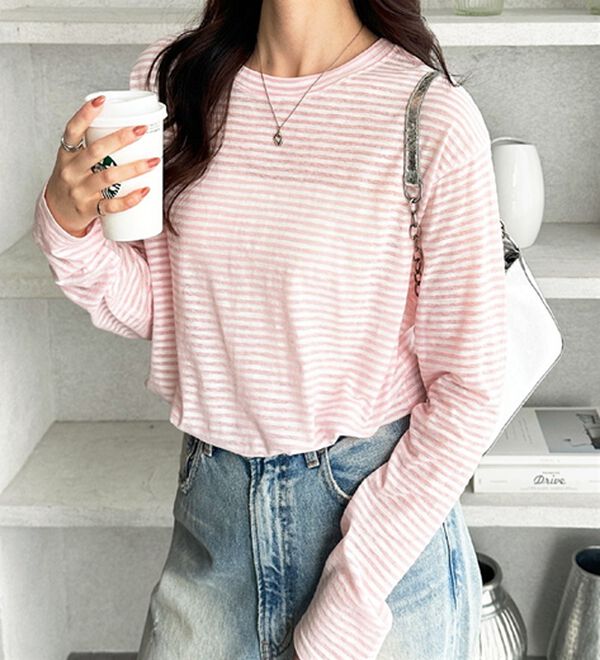 GeeRA（ジーラ）の「着回し自在！スラブシアートップス（カットソー）」｜ピンク系ボーダー